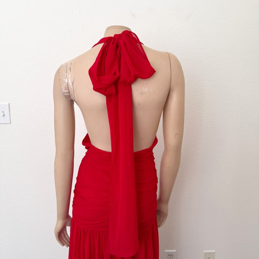 [Anthropologie] Bardot Red Mave Halter Neck Maxi Dress Low Back Ruched Slit 12 - Picture 7 of 12